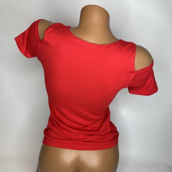 Red Cutout Shoulder Graphic Tee Y2K Streetwear Logo Print Top XS S READ FLAWS - Picture 2 of 12